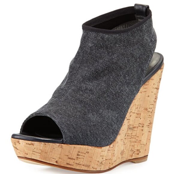 Stuart Weitzman Glover Stretch Wedge Sandal, Gray Denim 9 - Picture 1 of 14